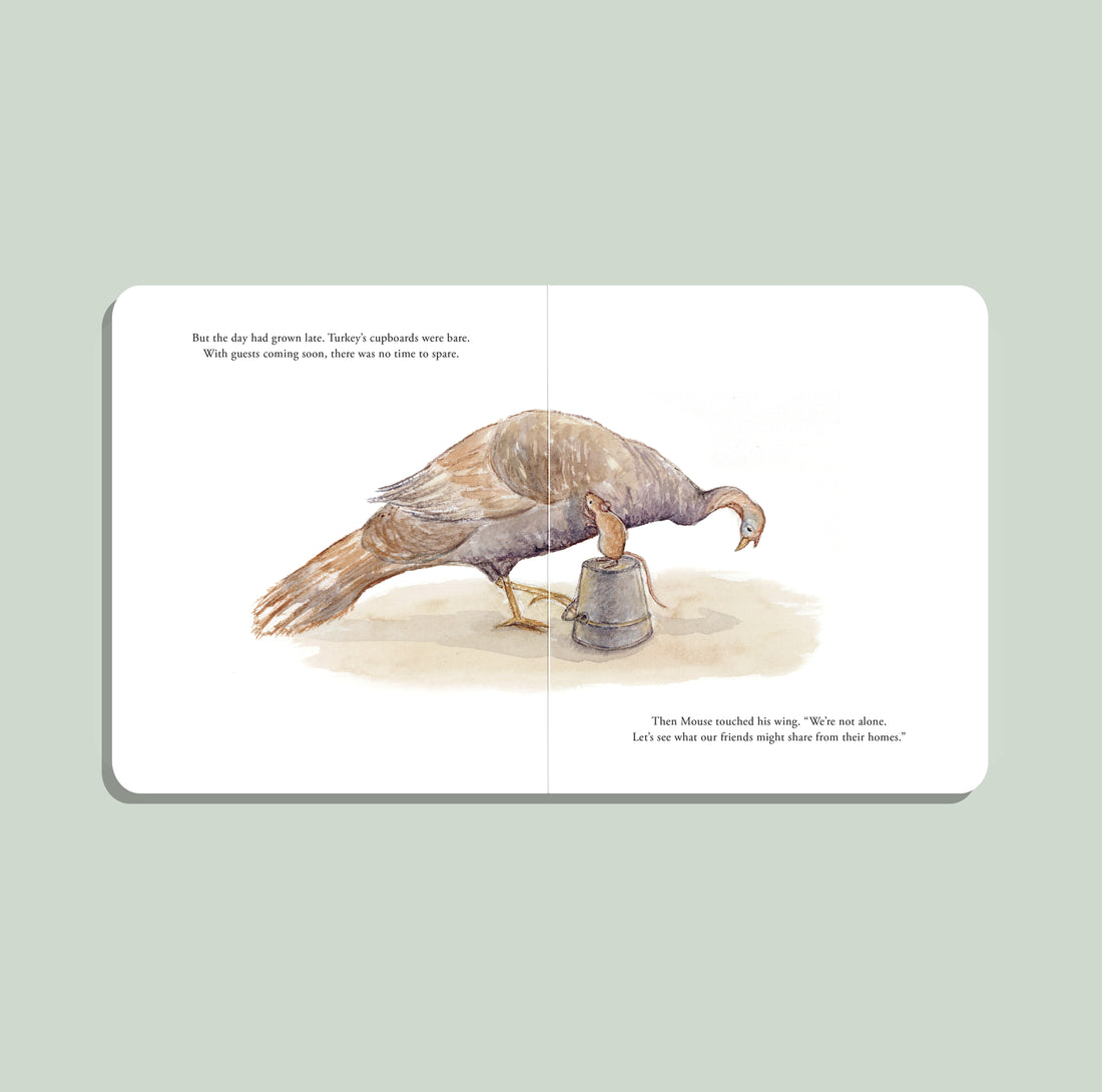 Illustrated book page with a turkey and mouse on a light green background