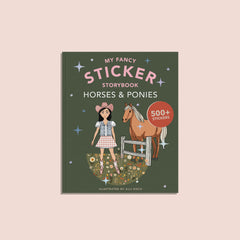 Sticker book cover with a girl and horse illustration on a green background
