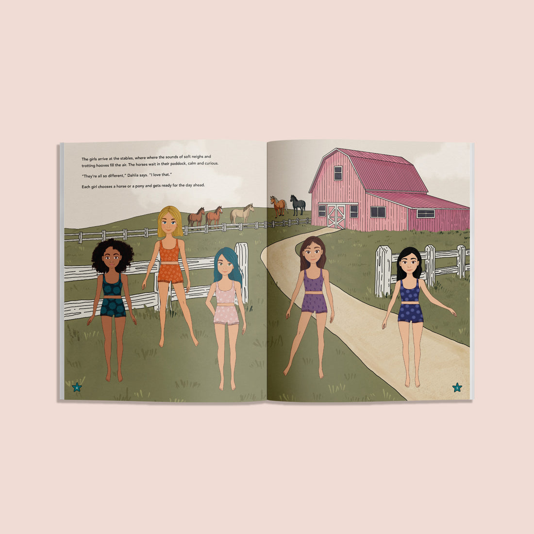 Illustrated book open to two pages showing girls at a rodeo and on a farm.