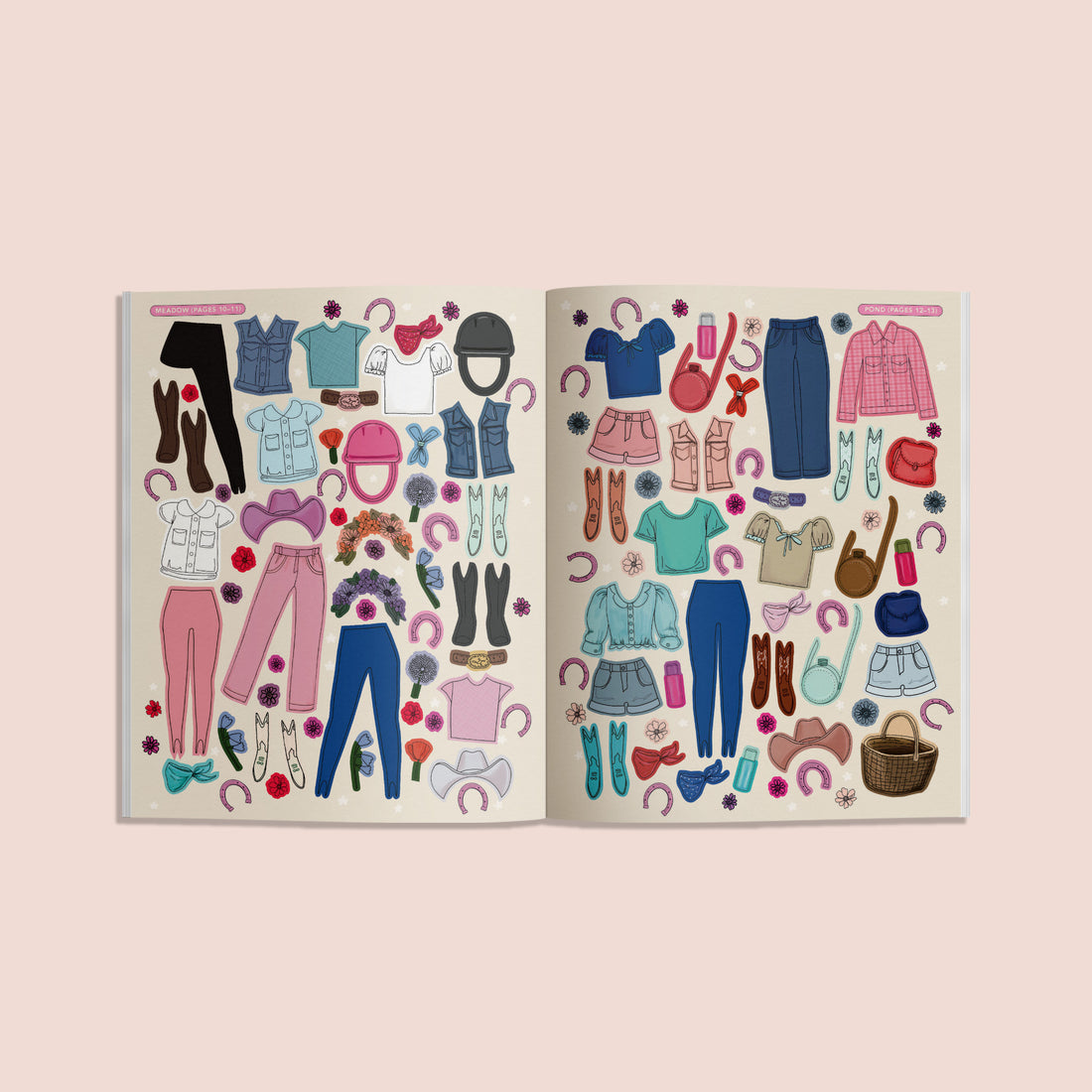 Open book with illustrated clothing and accessories on a beige background