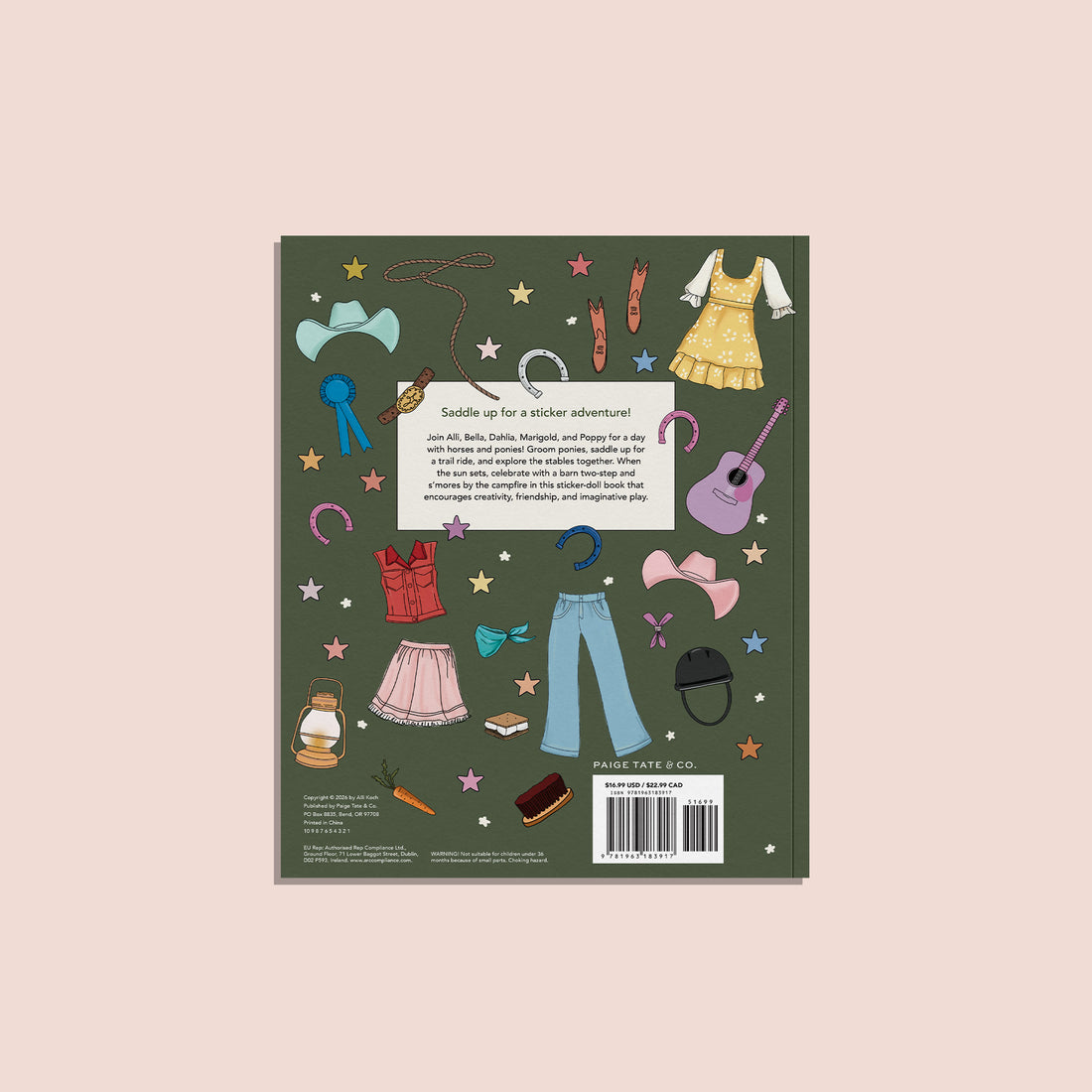 Illustrated book cover with fashion-themed graphics on a green background