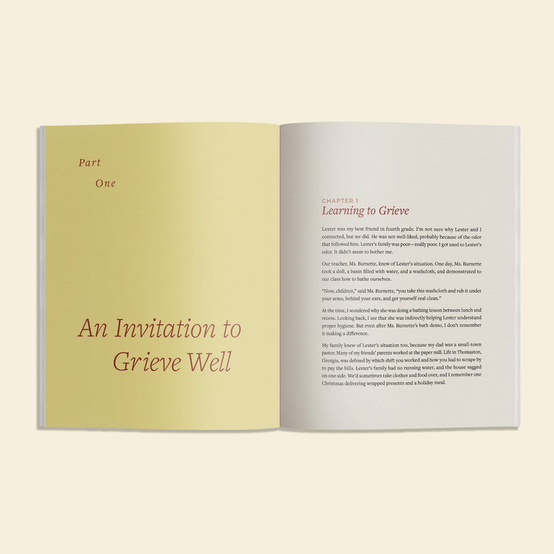Inside view of We Grieve Our Losses shows a yellow and white page with "An Invitation to Grieve Well" written on one side. The other side starts Chapter 1 :Learning to Grieve. 