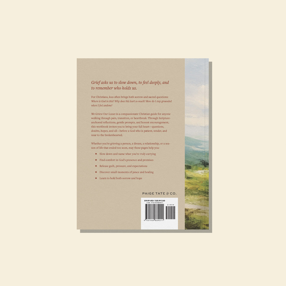 Back view shows a beige cover with a mountain scene to the right. Some text reads: Grief asks us to slow down, to feel deeply, and to remember who holds us.