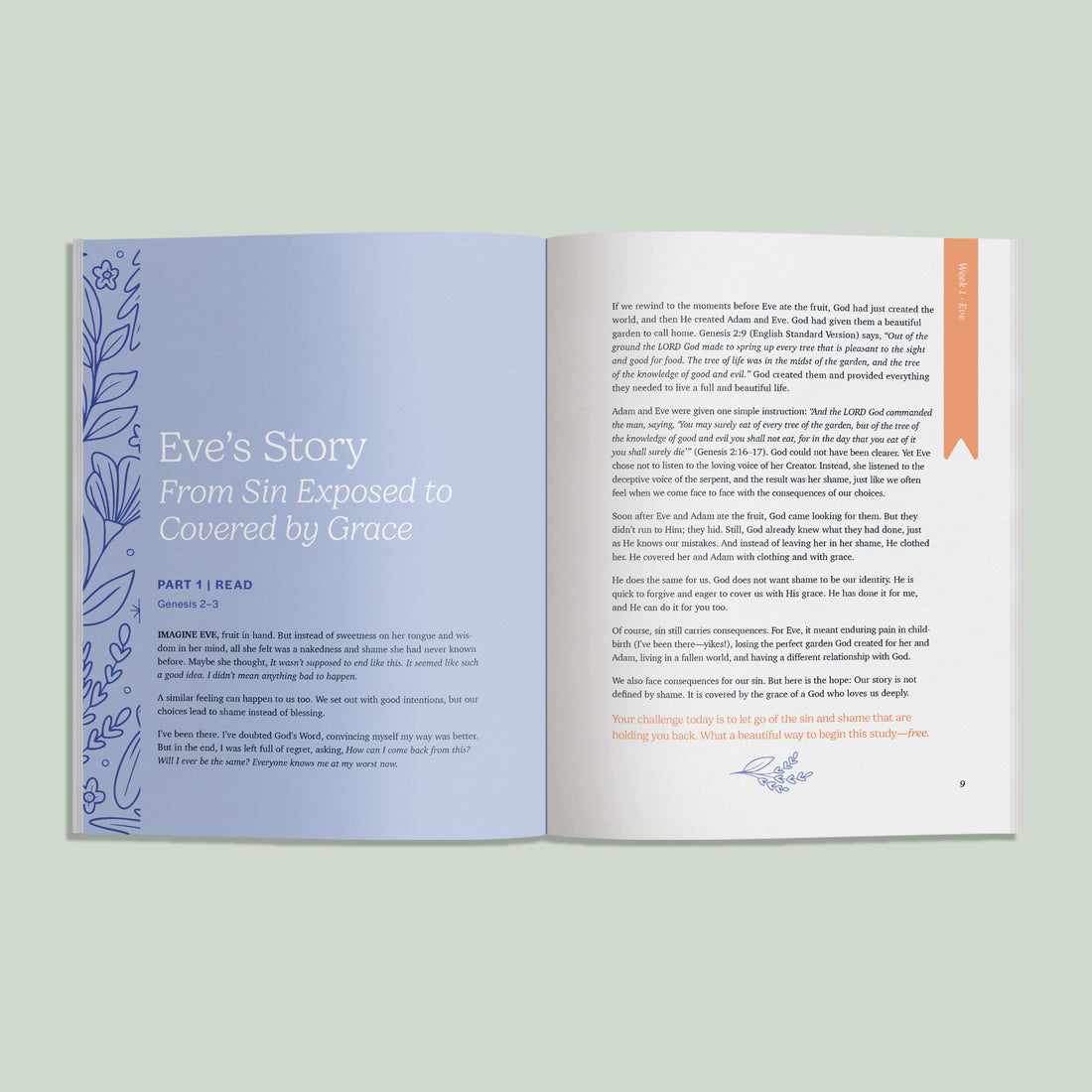 Open book showing a chapter titled 'Eve's Story' on a light gray background