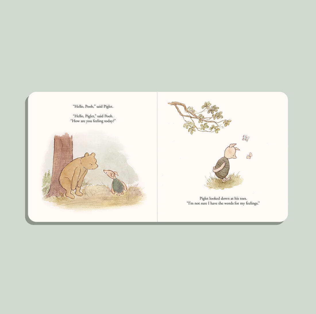 Illustrated book pages with characters and text on a light green background