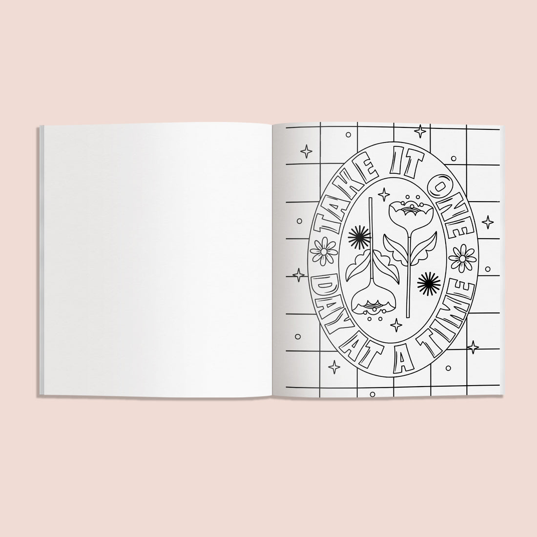 Coloring book with a floral design and text on a pink background