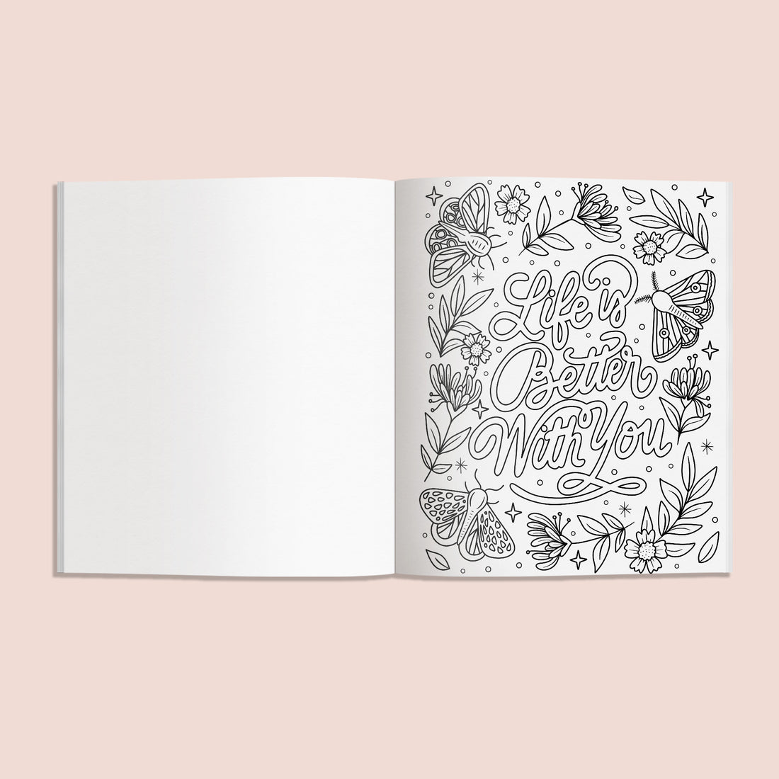 Open book with decorative text and illustrations on a light pink background