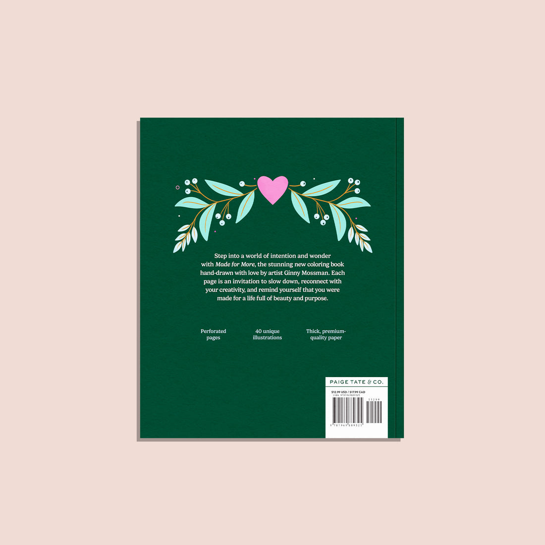 Book cover with a pink heart and green leaves on a dark green background
