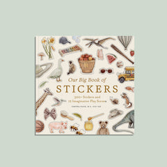 book cover of 'Our Big Book of Stickers' is beige with a variety of stickers featured on the cover of food, transportation, animals, and objects around the house. "500+ Stickers and 12 Imaginative Play Scenes" 
