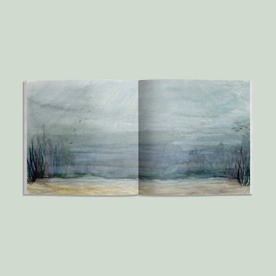 open book from "Our Big Book of Stickers" showing a watercolor scene that covers both pages from under the ocean.