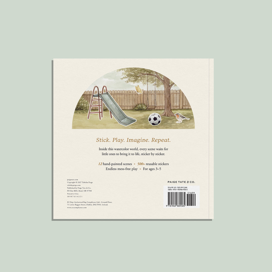 back cover of "Our Big Book of Stickers" is beige and shows a watercolor illustration of a backyard scene with stickers of a slide, ball, bird, and butterfly placed on the scene. 
