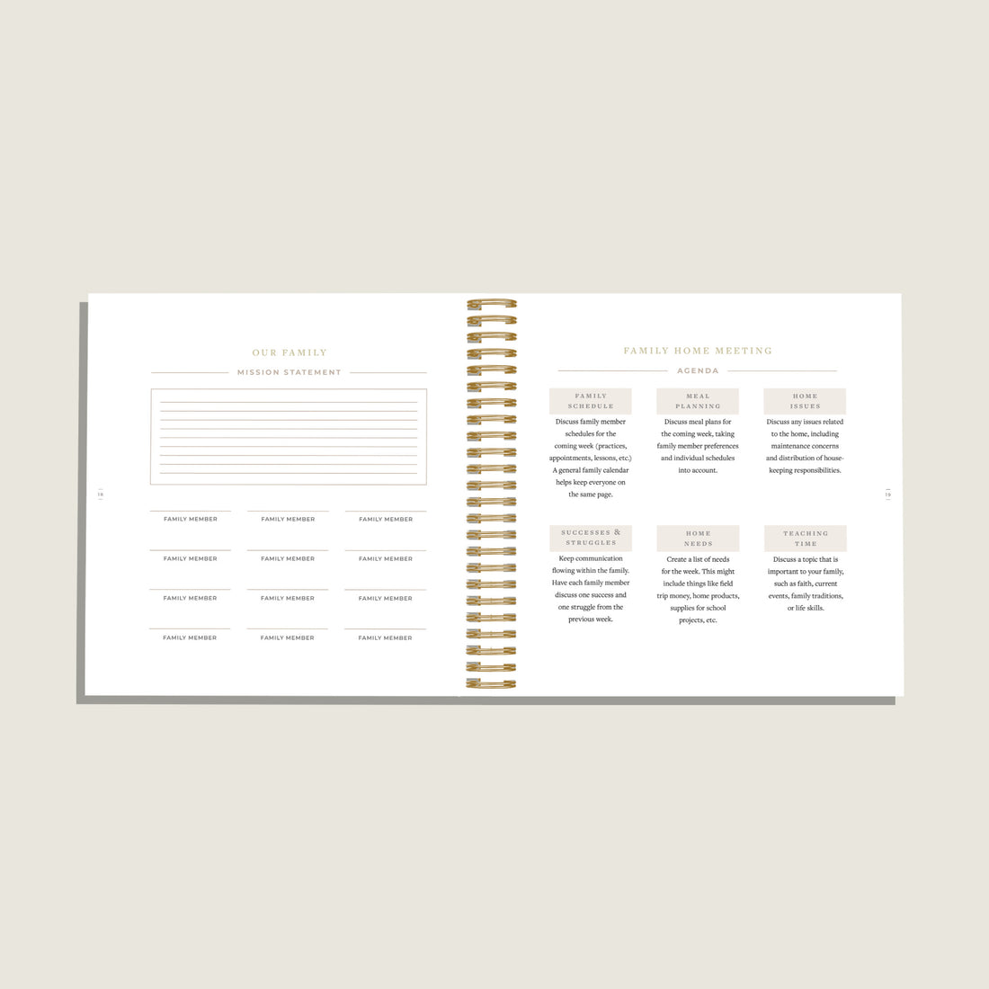 An open spiral-bound family meeting planner or notebook spread on a light beige background. The pages are white with gold-toned spiral binding and printed headings such as 'Our Family Meeting Schedule' and 'Family Home Meeting Agenda,' with blank lines and small text blocks for notes.