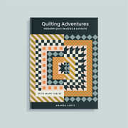 Book cover for 'Quilting Adventures' by Amanda Carye featuring a modern quilt block design with geometric patterns.