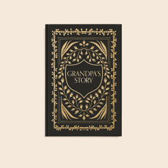 Book titled 'Grandpa's Story' with decorative gold design on a beige background
