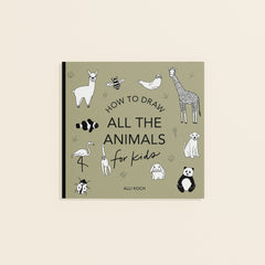 Book titled 'How to Draw All the Animals for Kids' with illustrations of animals on a beige background