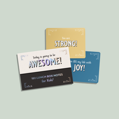 A set of three lunch box notes for kids with different colors and affirmations written on them, such as 'Today is AWESOME!' and 'You are STRONG!'.