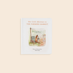 Children's book titled 'Our Little Adventure to The Farmers Market' on a beige background