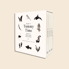 A box set of three accordion-style board books for babies' tummy time with high-contrast black and white illustrations, including various animals and objects.