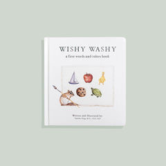 A board book titled 'WISHY WASHY' with a white background cover, featuring illustrations of a boat, apple, and various animals.